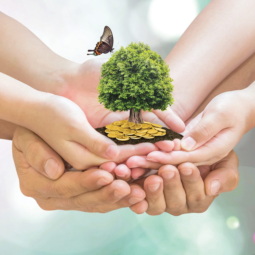 Retirement planning, family financial investment and legacy concept with father parent support children's hands growing tree with wealthy gold coins